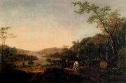 Thomas, An Extensive River Landscape with Cattle and a Drover and Sailing Boats in the distance